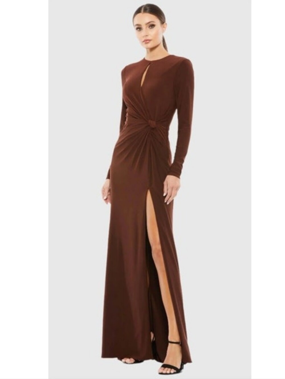 Mac Duggal Long Sleeve Knot-Front Brown Evening Dress Chocolate NWT Size 2